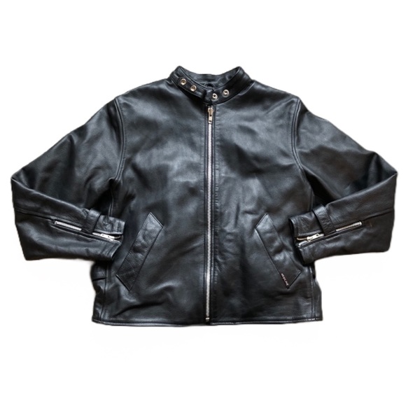 Y2K REDLINE LEATHER JACKET BLACK SIZE MEDIUM - Picture 1 of 11